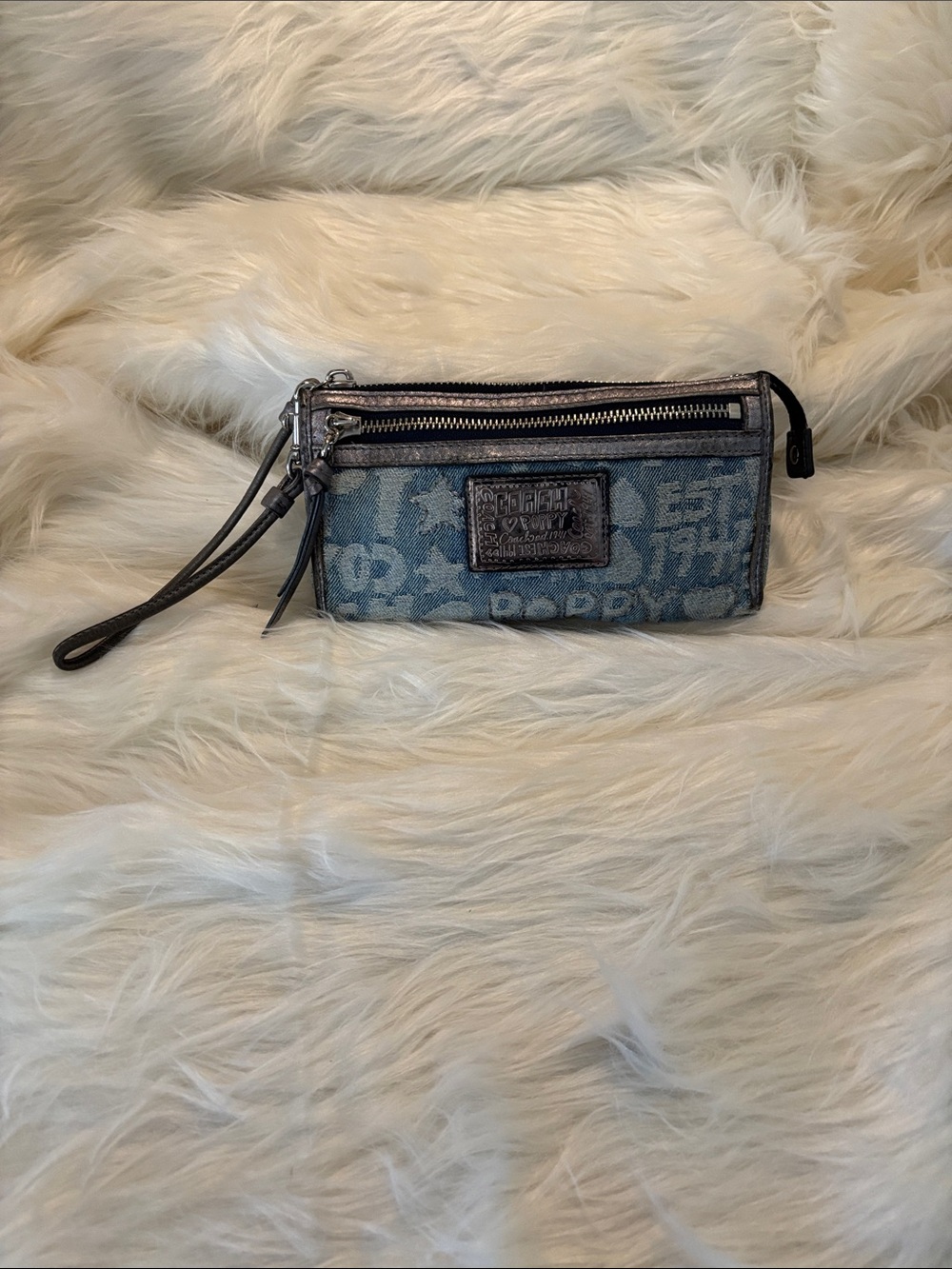 Coach Denim Poppy Logo Print Wristlet Clutch in Blue and Silver